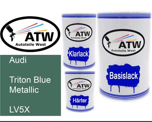 Audi, Triton Blue Metallic, LV5X: 500ml Lackdose + 500ml Klarlack + 250ml Härter - Set, von ATW Autoteile West.